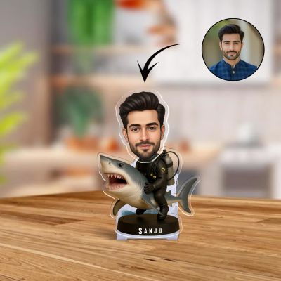 Personalized Bobblehead Caricature with Shark Rider Design, Solar Powered with Shaking Head for Car Dashboard Figurine Funny Car Decor